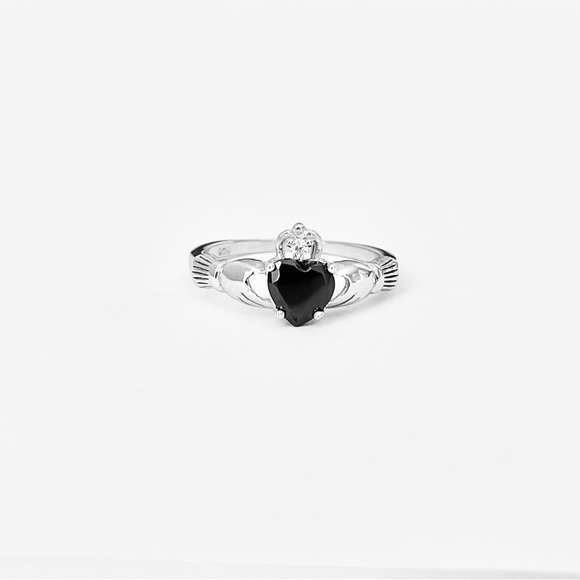 Sterling Silver Claddagh Black CZ Ring, Silver Rings, Irish Ring, Heart Ring - Picture 5 of 16